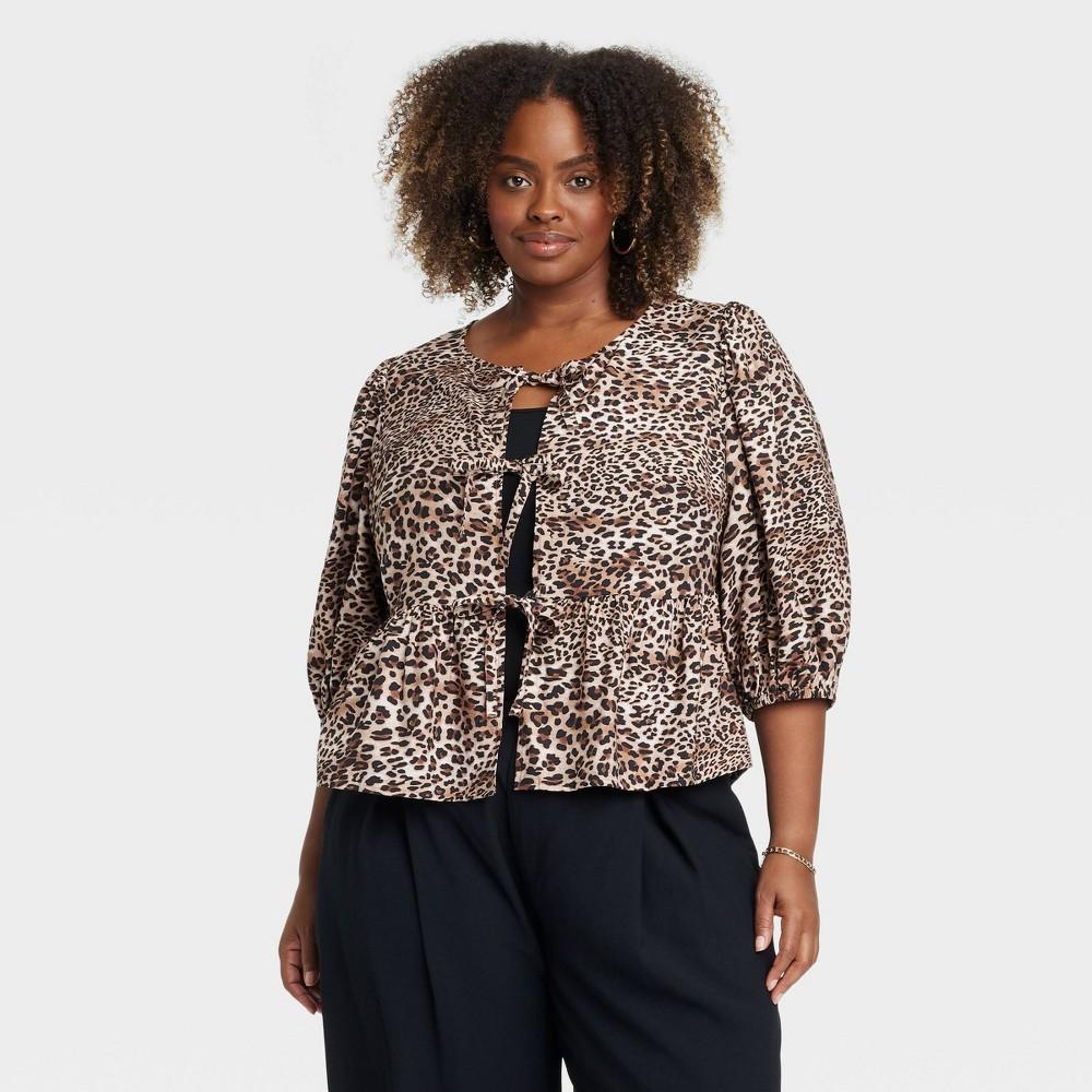 Womens Balloon 3/4 Sleeve Blouse - A New Day Brown Leopard Print XXL Product Image