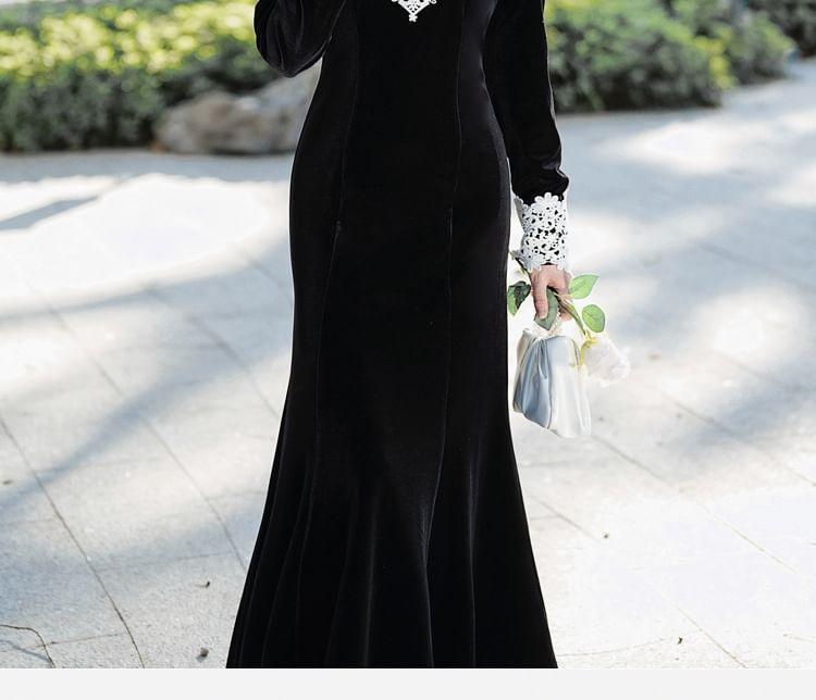 Long-Sleeve Mock Neck Velvet Panel Maxi Mermaid Dress Product Image