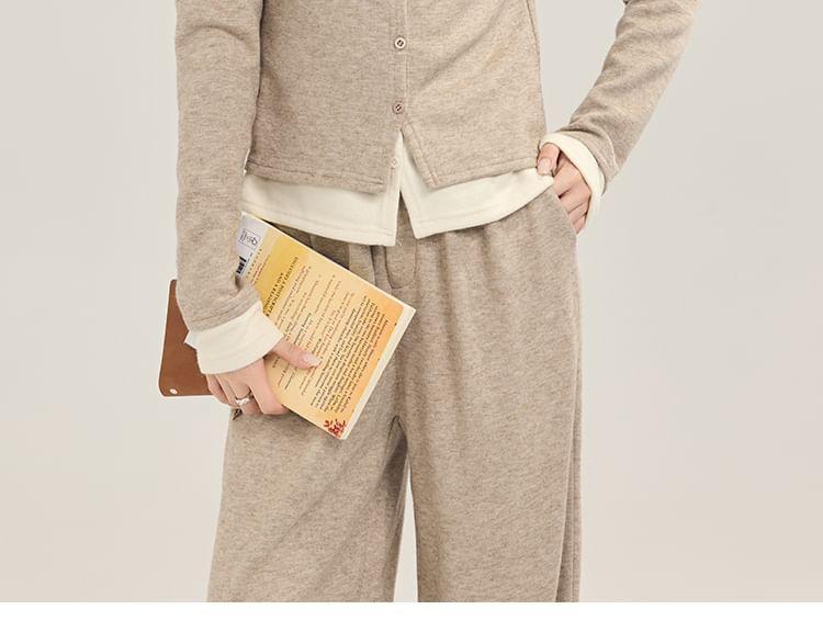 Set: Button-Up Plain Cardigan + High Waist Wide Leg Pants Product Image