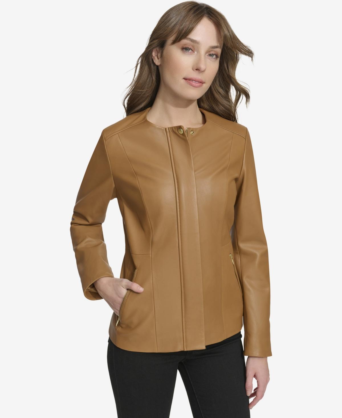 Women's Collarless Leather Jacket Product Image