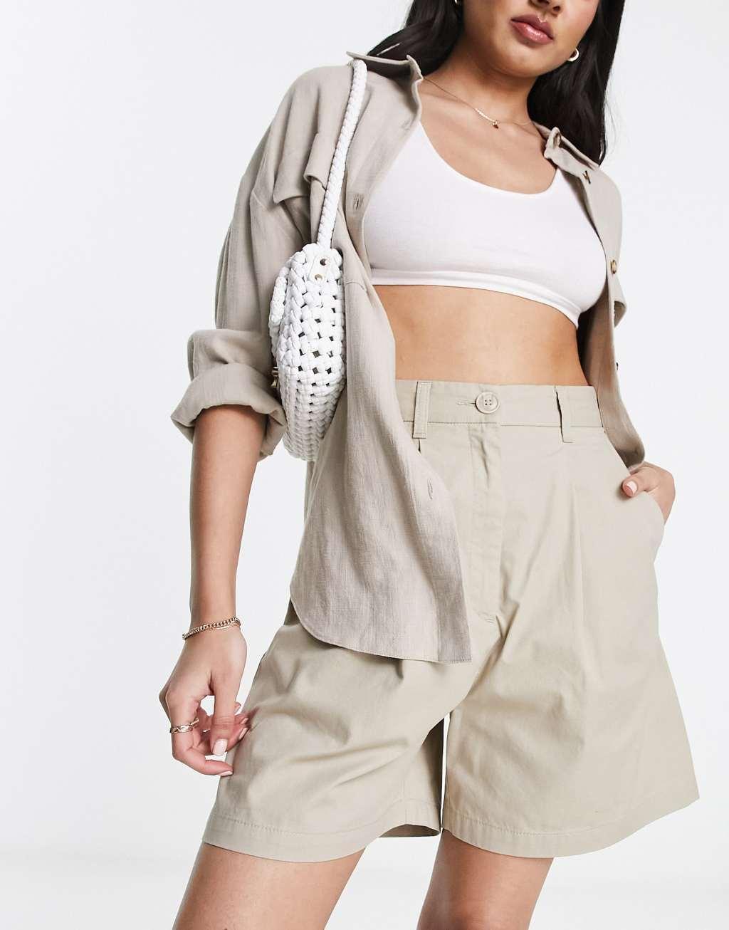 Monki tailored turn-up shorts in beige Product Image