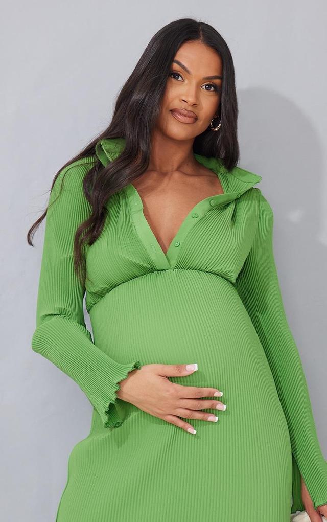 Maternity Green Plisse Button Thru Midi Dress Product Image