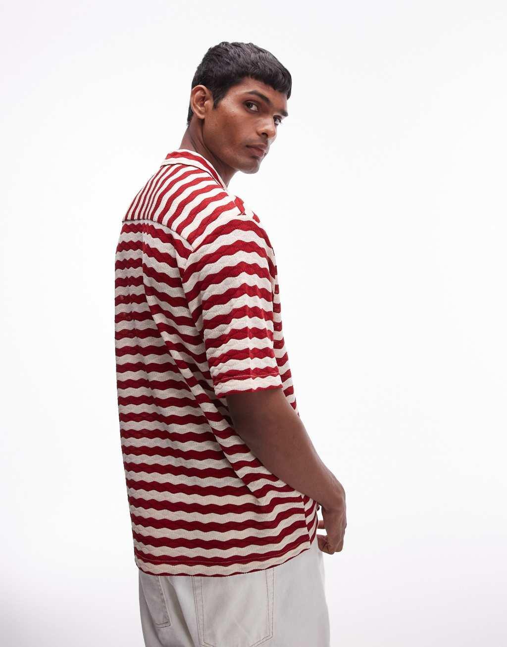 Topman short sleeve stripe crochet holiday shirt in red Product Image