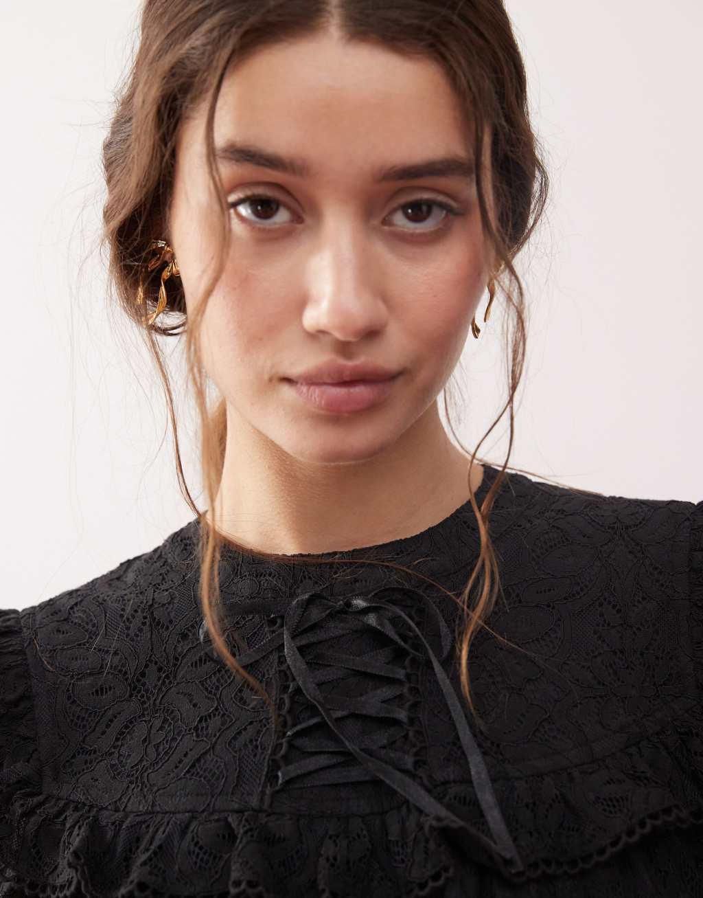 Miss Selfridge ribbon detail lace smock dress in black Product Image