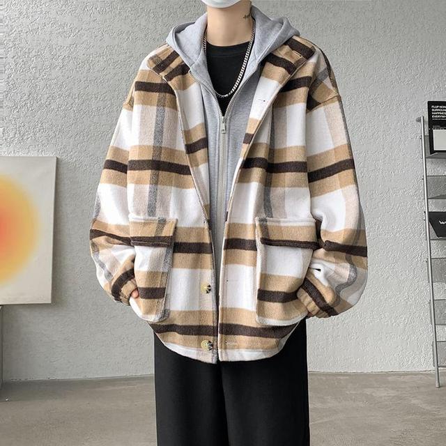 Plaid Hooded Mock Two-Piece Oversized Zip Jacket Product Image