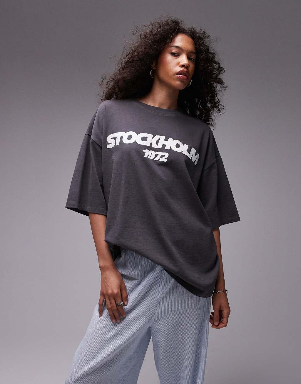 Topshop stockholm 1972 oversized tee in gray Product Image