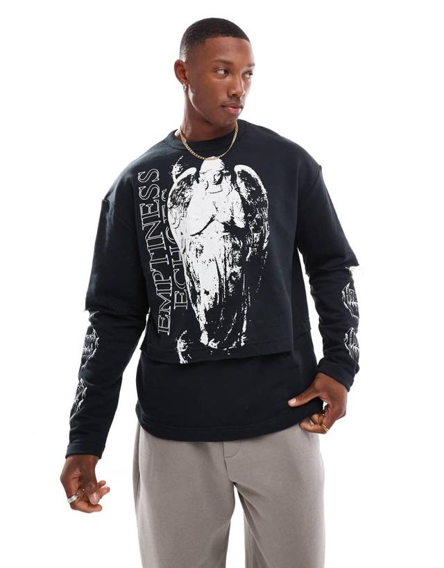 Bershka double layer cherub print sweatshirt in black Product Image