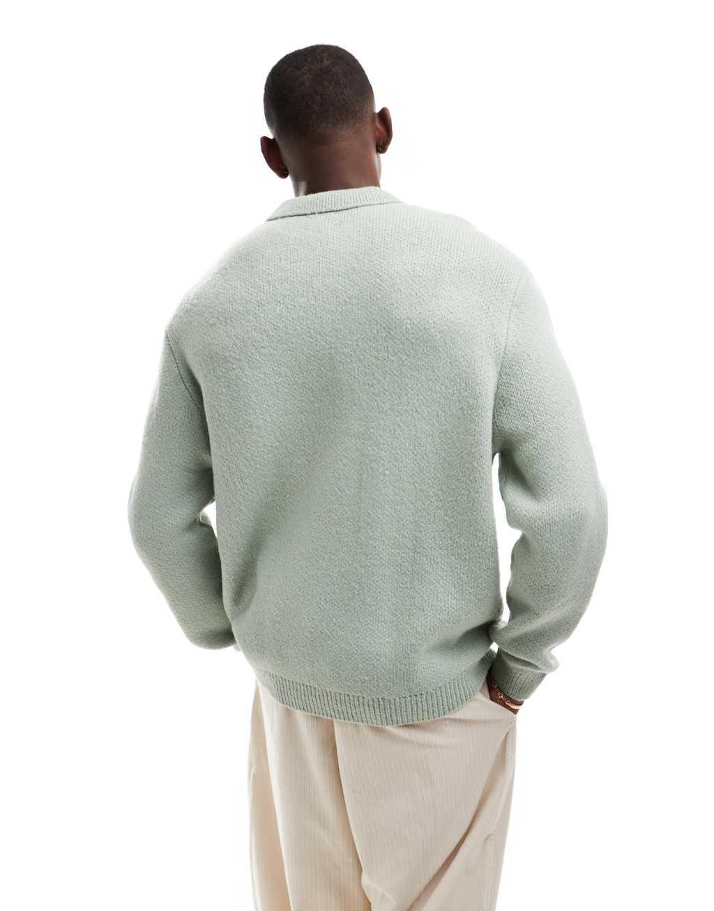 ASOS DESIGN oversized brushed knit notch neck polo shirt in sage green product image