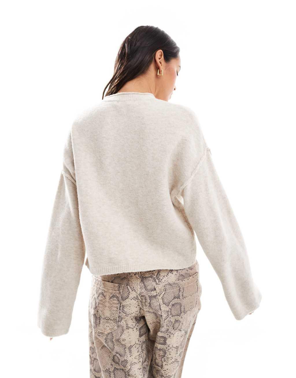 Pull&Bear cozy knitted cardigan in ecru Product Image