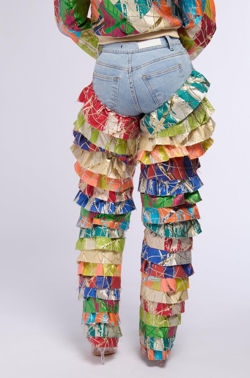 LIFE IS BUT A DREAM BROCADE RUFFLE DENIM JEANS Product Image