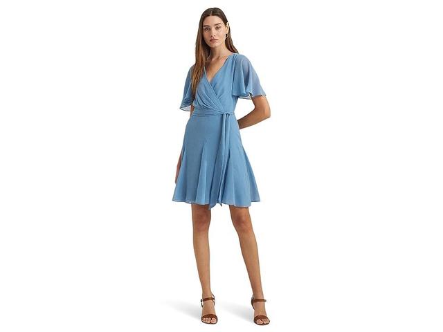 Lauren Ralph Lauren Crinkle Georgette Surplice Dress (Pale Azure) Women's Dress Product Image