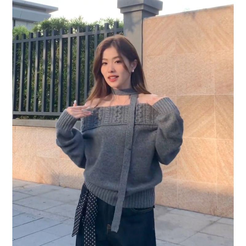 Off-Shoulder Plain Sweater Product Image