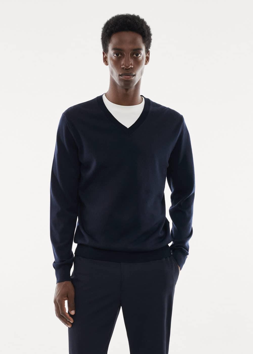 MANGO MAN - 100% merino wool V-neck sweater navy - S - Men Product Image