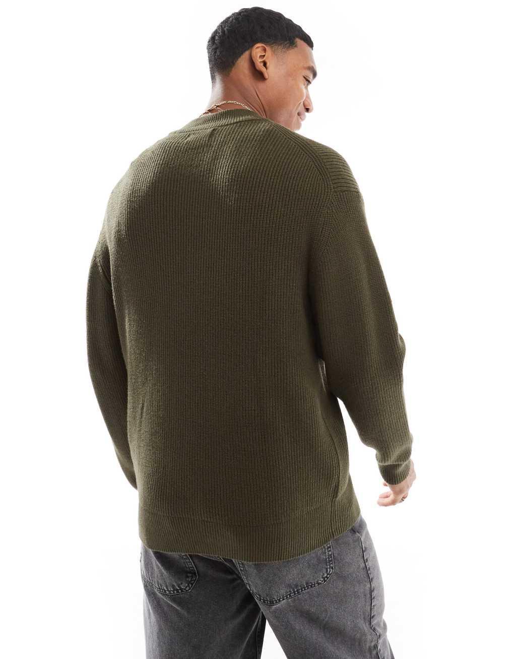 Pull&Bear knit fisherman sweater in olive Product Image