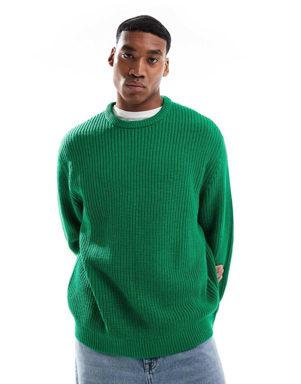 ASOS DESIGN oversized knit fisherman ribbed sweater in green Product Image