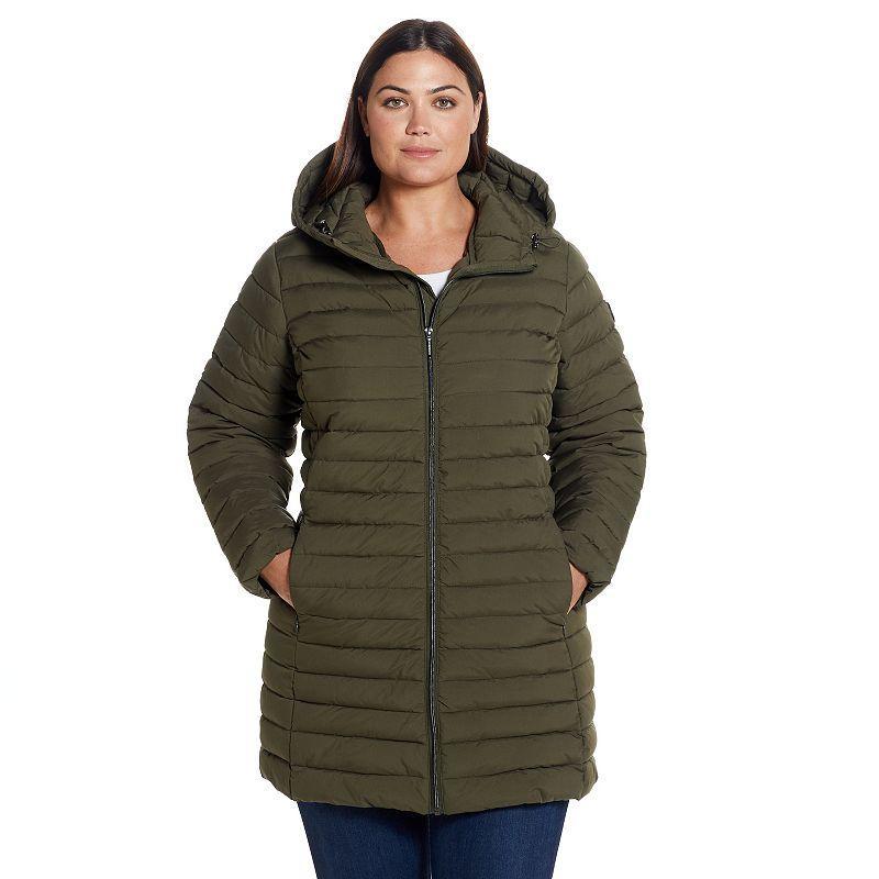 Plus Size Weathercast Hooded Channel Quilted Puffer Jacket, Womens Dusty Green Product Image