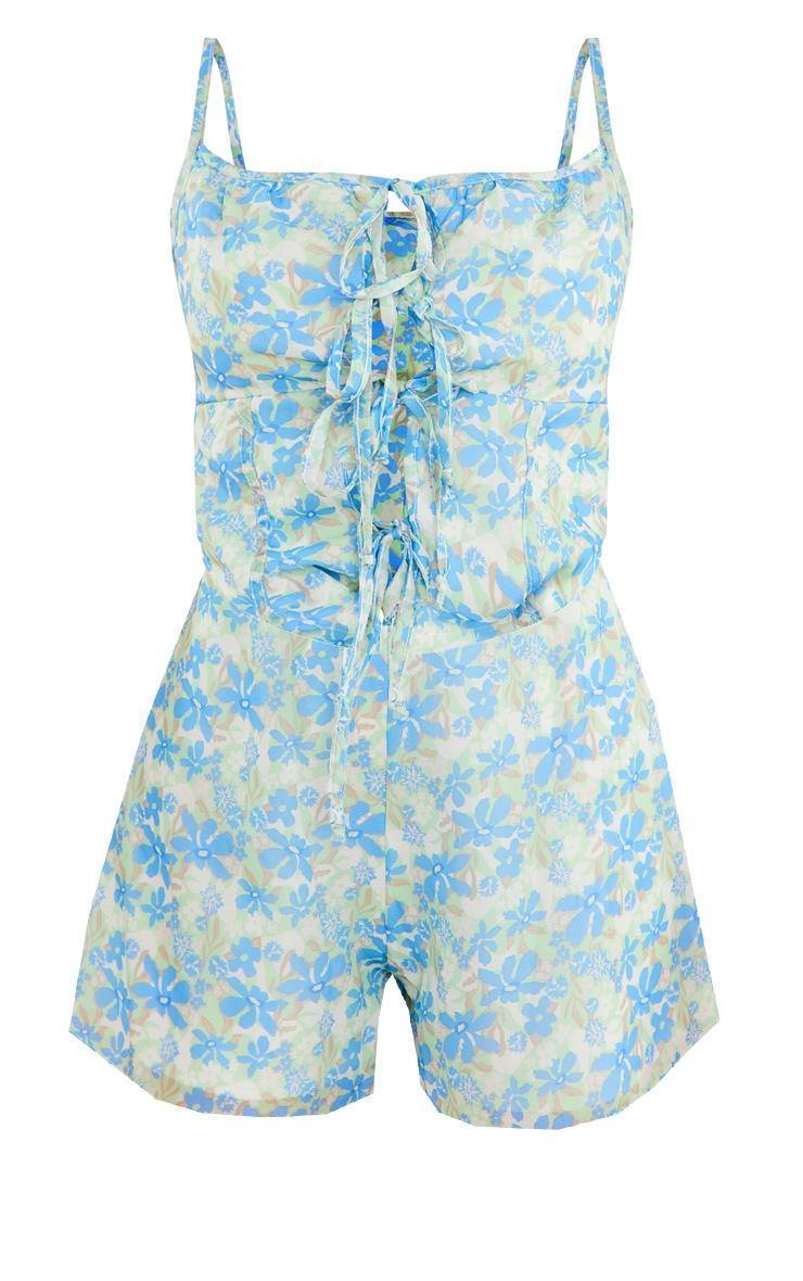 Blue Floral Print Chiffon Multi Tie Detail Strappy Romper Product Image