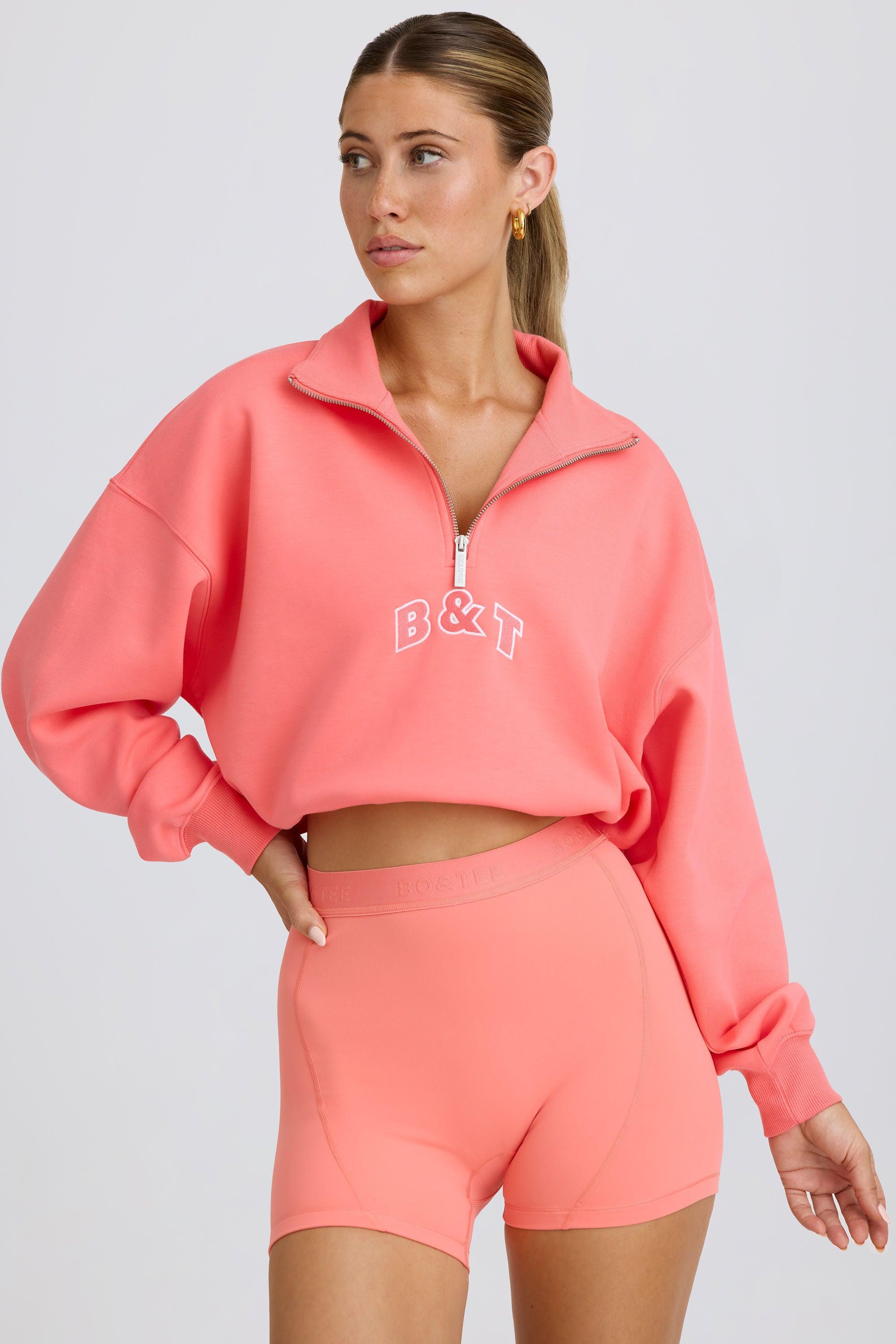 Quarter-Zip Cropped Sweatshirt in Coral Product Image