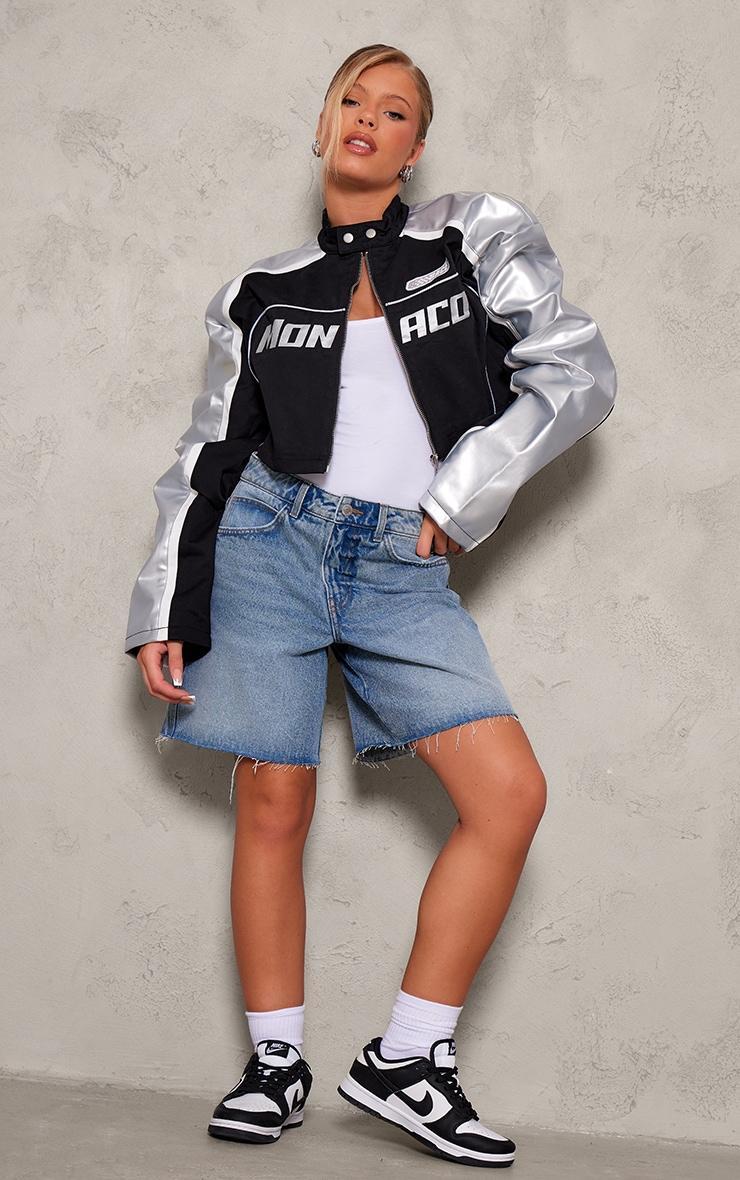 Black Metallic Faux Leather Contrast Sleeve Racer Jacket Product Image