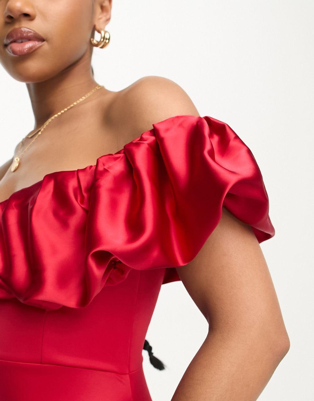 Lipsy bandeau satin ruched bodycon midi dress in red Product Image