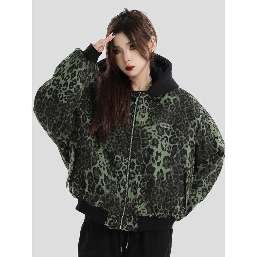 Couple Matching Leopard Print Zip-Up Hoodie Product Image