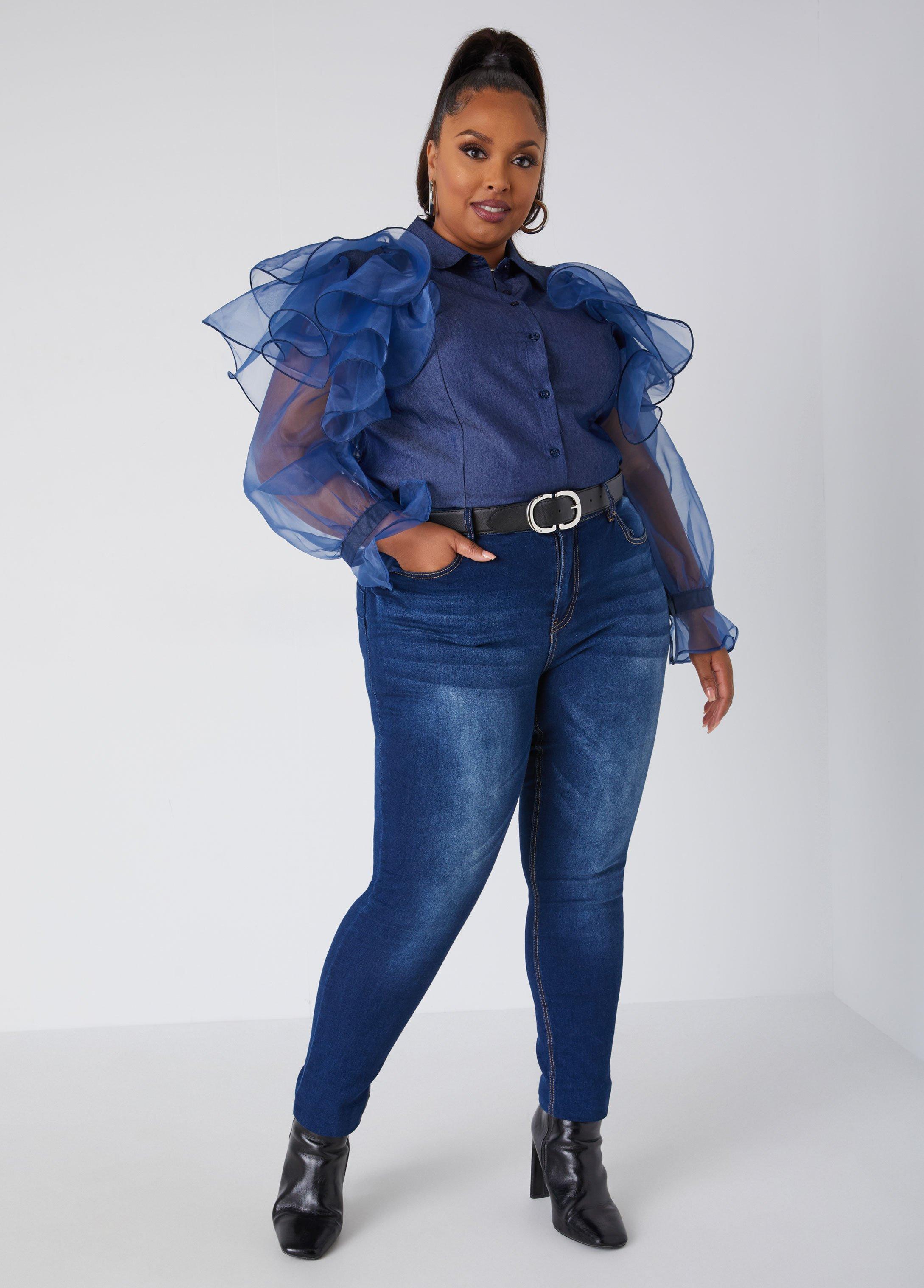 Plus Size Ruffled Organza Chambray Shirt Ashley Stewart Product Image