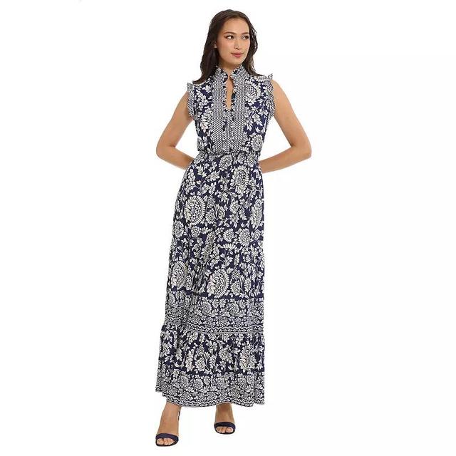 Womens London Times Smocked Waist Tiered Maxi Dress Blue Folk Floral Product Image