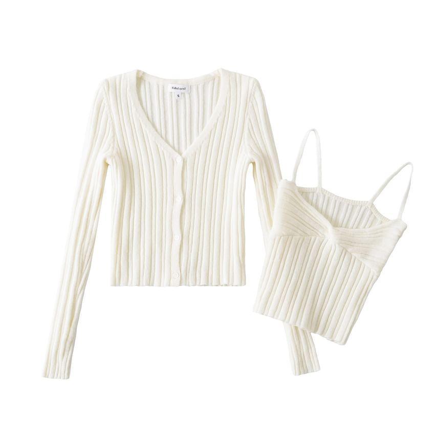 Set: Long-Sleeve V-Neck Plain Button Ribbed Knit Top + Knot Crop Cami Top Product Image