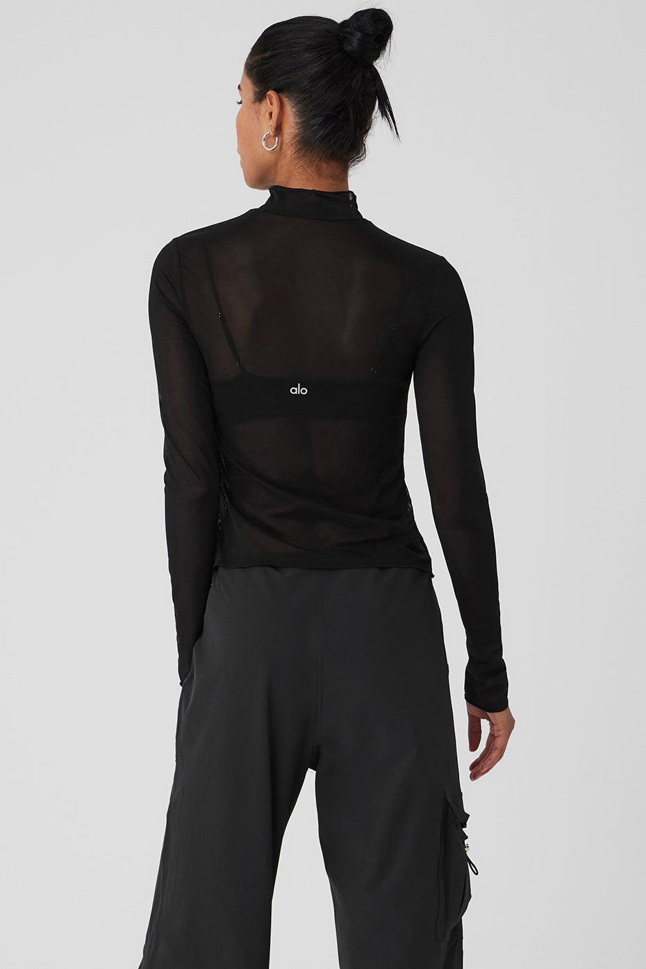 Mesh Sheer Illusion Mock Neck Long Sleeve - Black Product Image