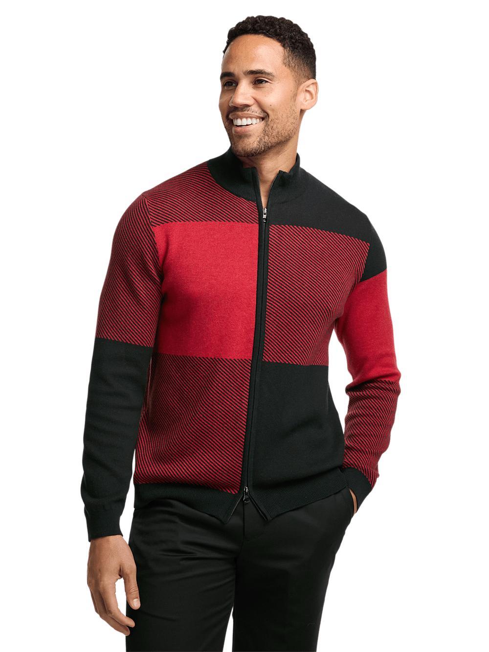 Cotton Full Zip Mock Neck Sweater - Red/black Product Image