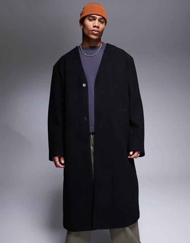 ASOS DESIGN regular fit wool look collarless overcoat in black Product Image