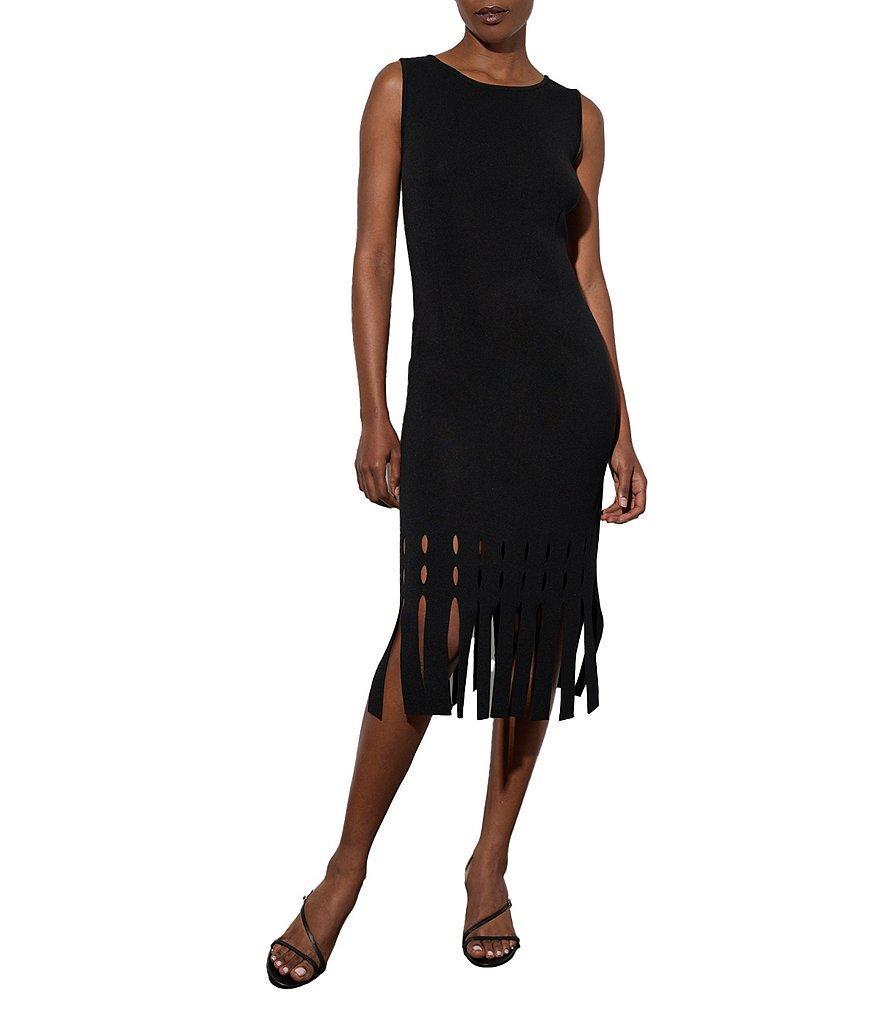 Ming Wang Soft Knit Boat Neck Long Sleeve Lacer Cut Fringe Hem Sheath Midi Dress Product Image