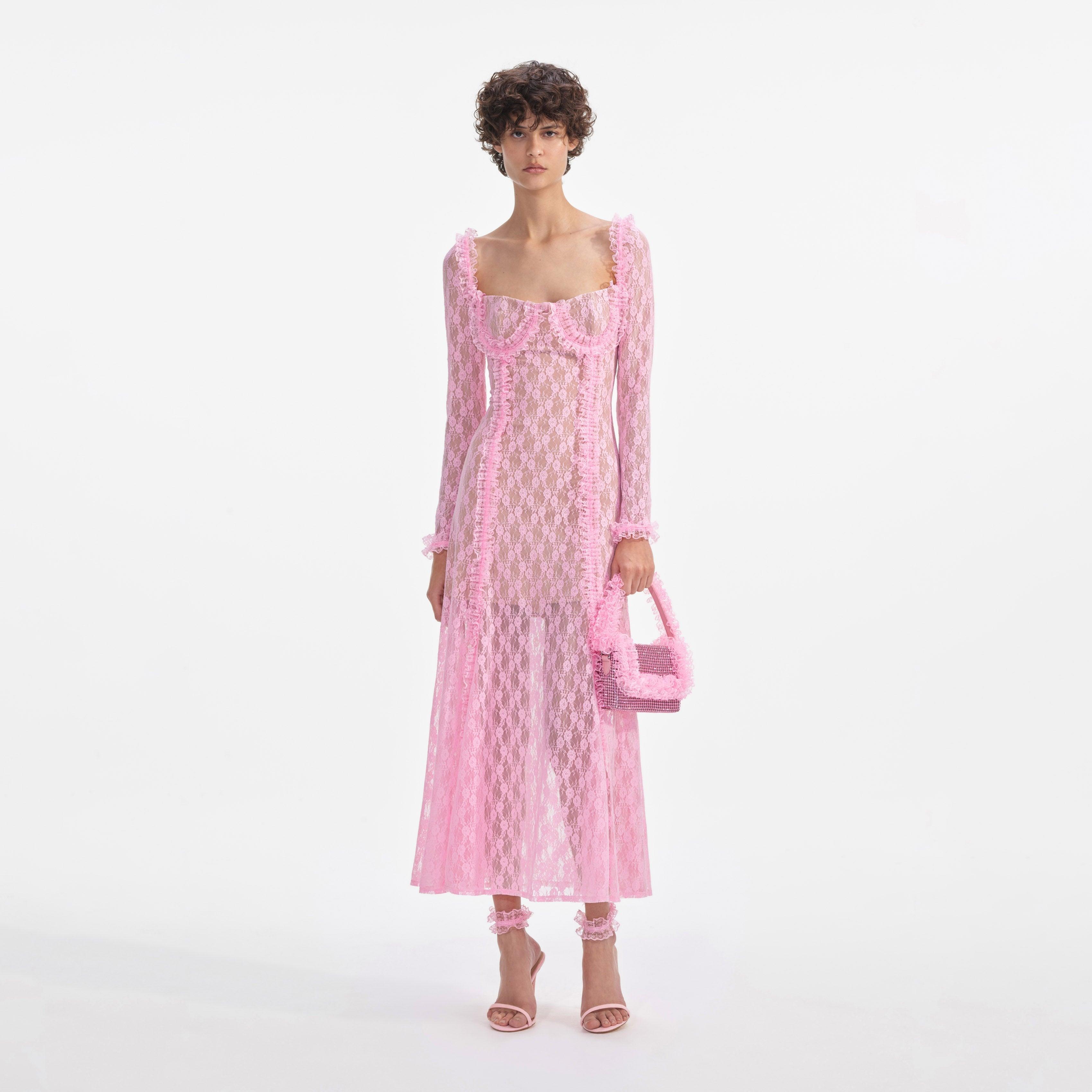 Pink Lace Ruffle Midi Dress product image