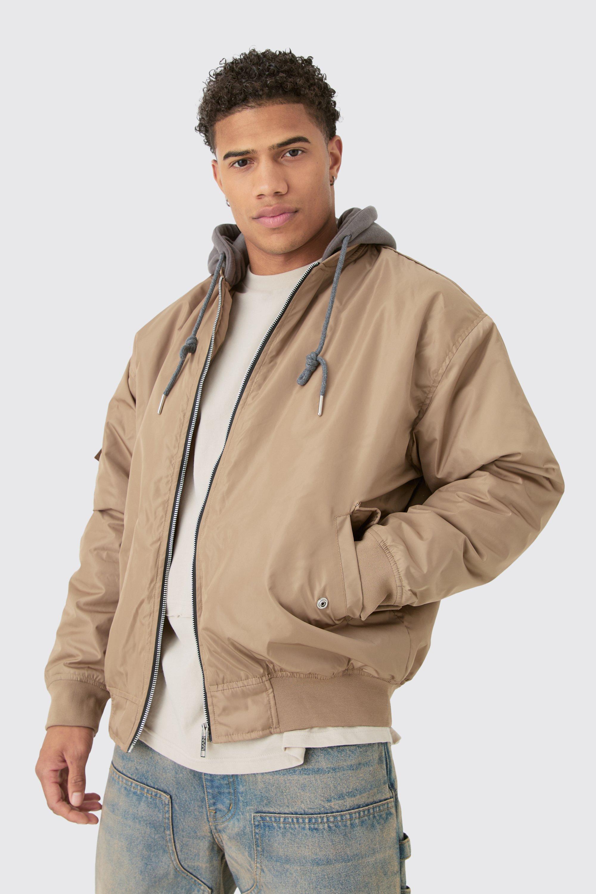 Oversized Hooded Ma1 Bomber Jacket In Stone | boohooMAN USA Product Image