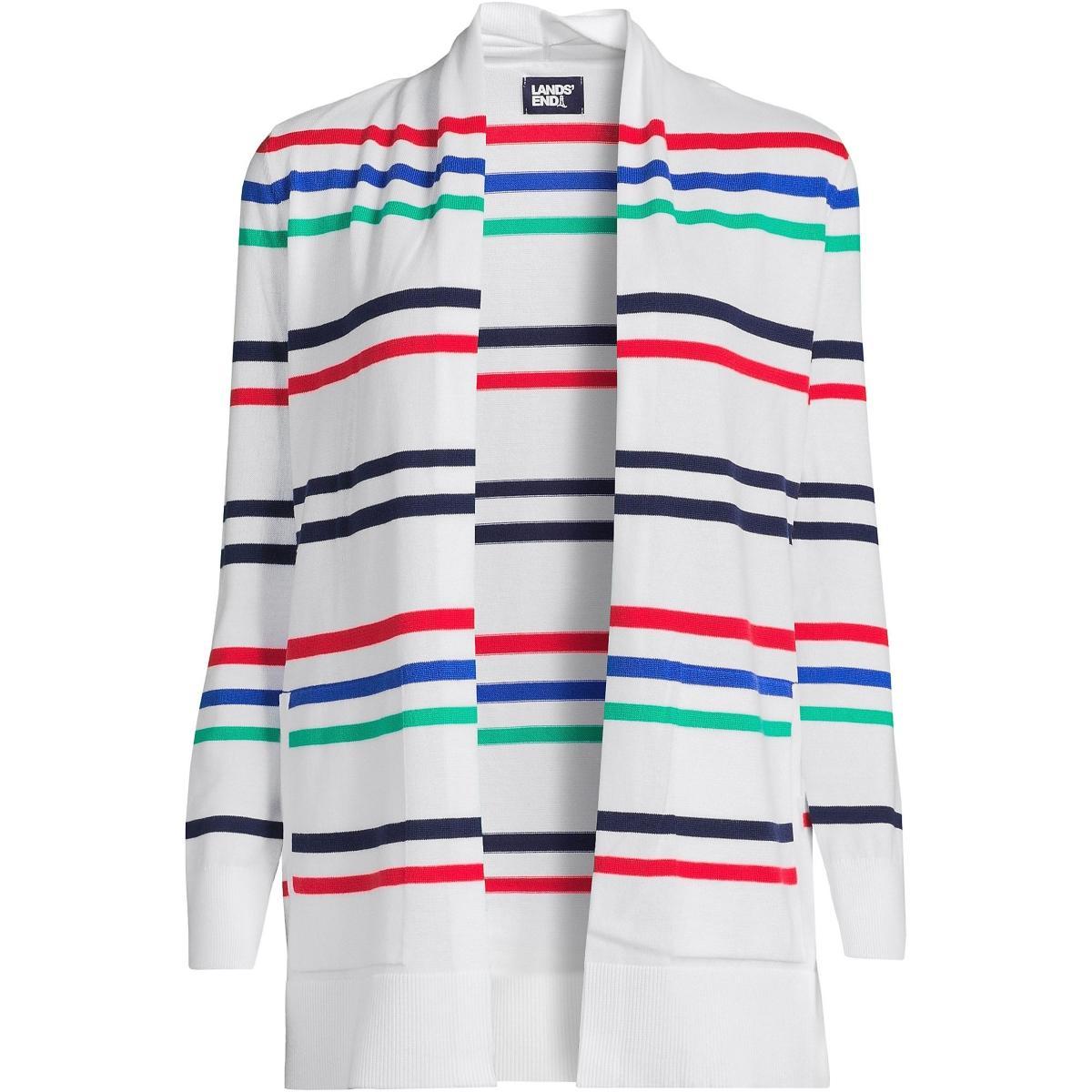 Womens Lands End Open-Front Long Cardigan Sweater Blue Red Stripe Product Image