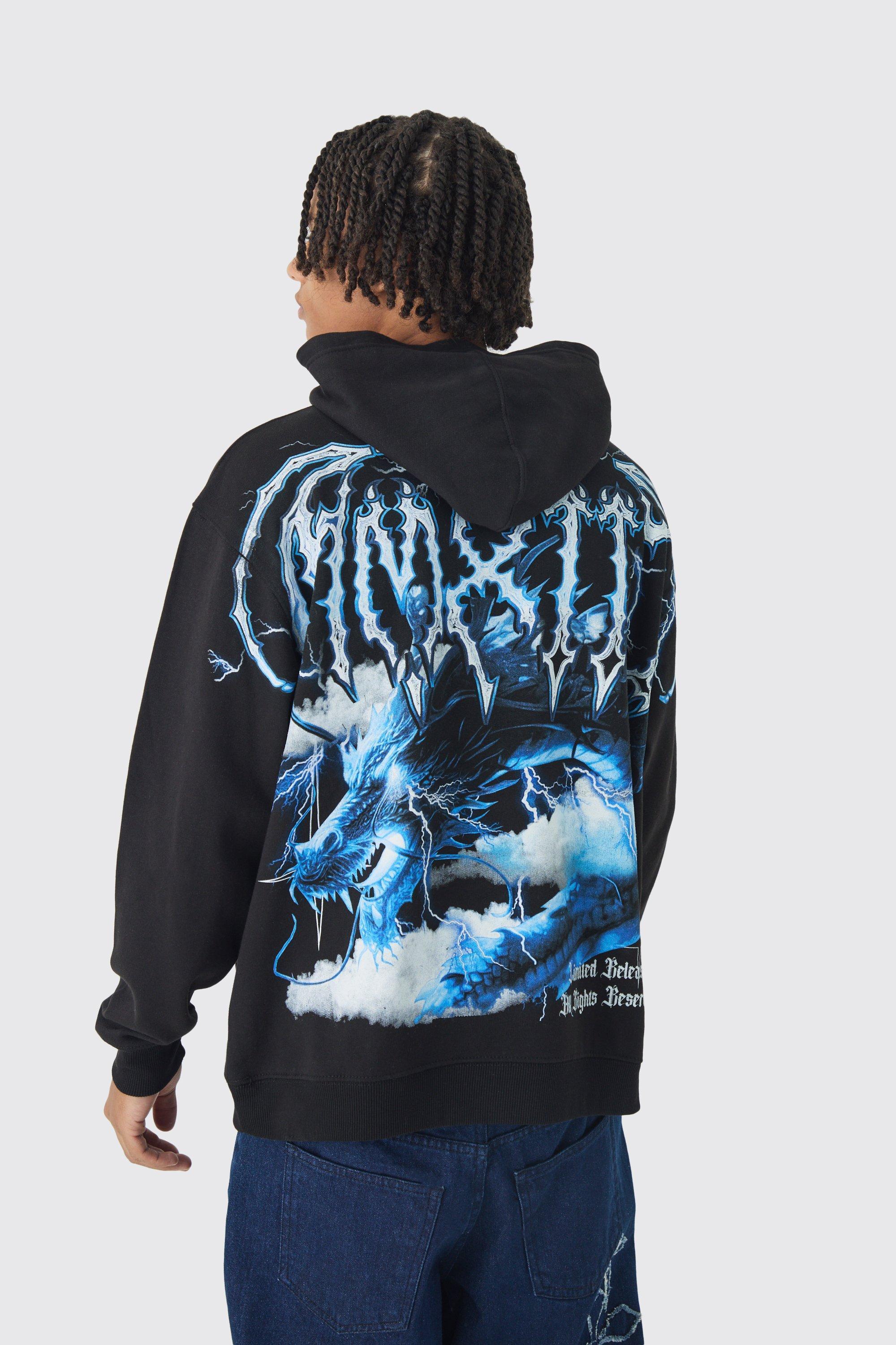 Oversized Over Seams Extended Neck Dragon Print Hoodie | boohooMAN USA Product Image