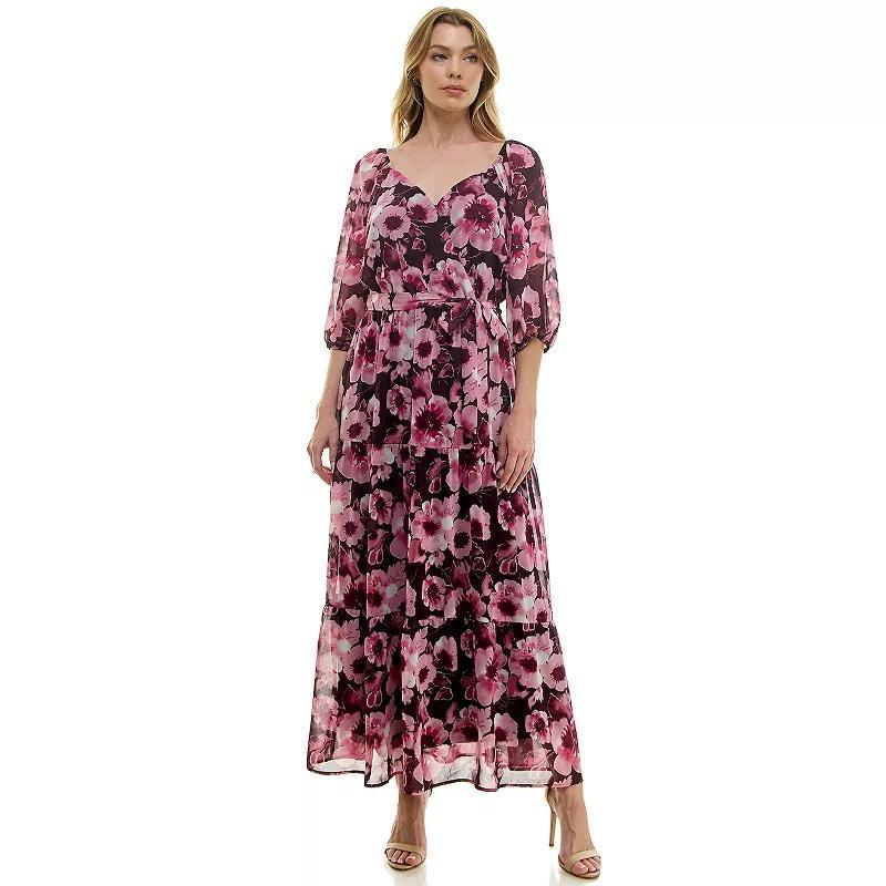 Womens Luxology Elbow Sleeve Tiered Maxi Dress Wine Mauve Ivory Product Image