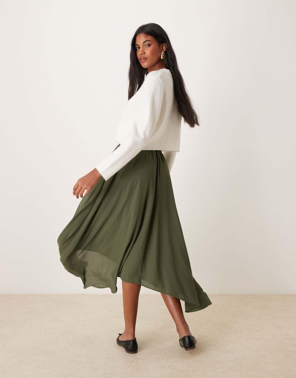 ASOS DESIGN floaty high low hem midi skirt in khaki Product Image