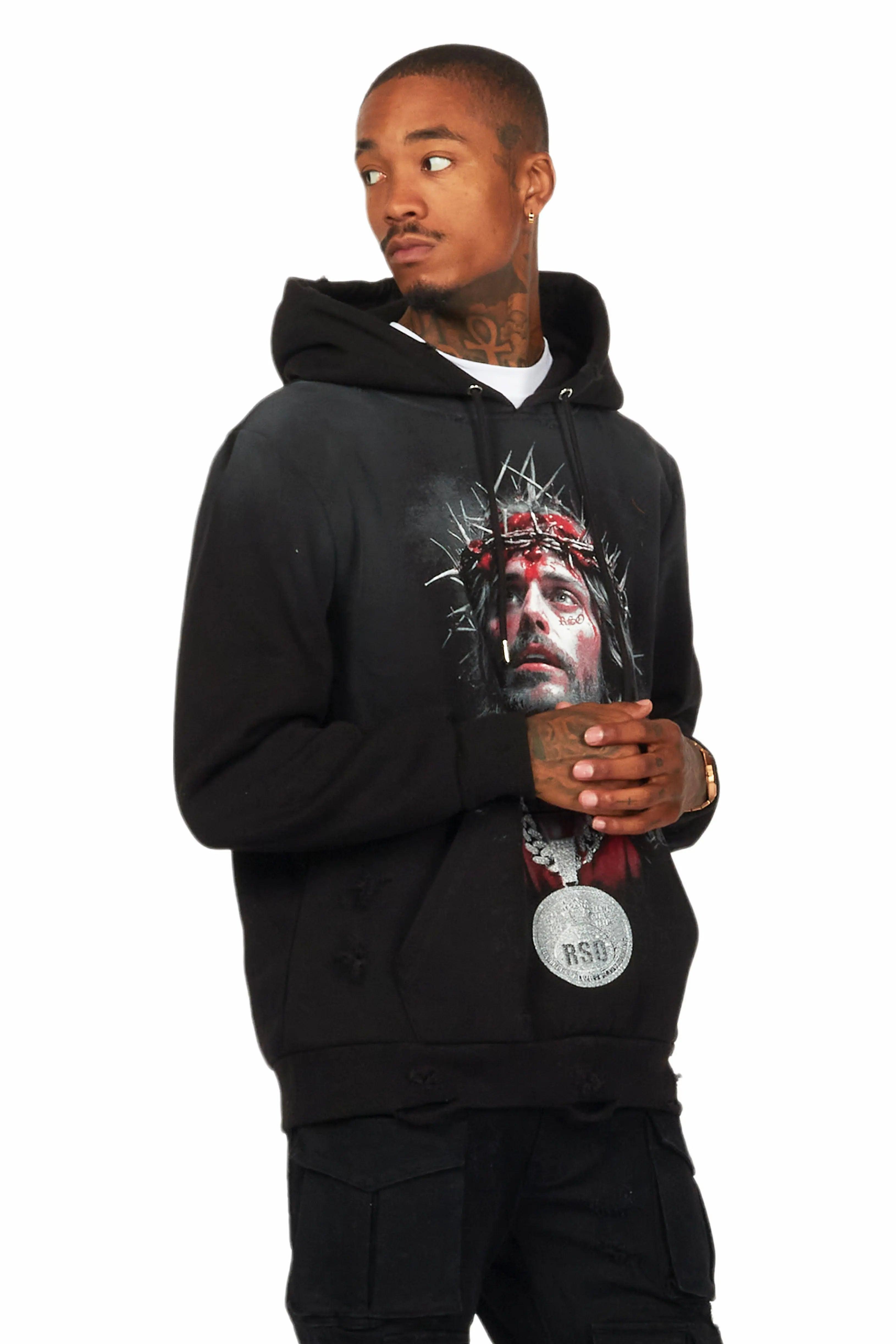 Amina Black Distressed Graphic Hoodie Male Product Image