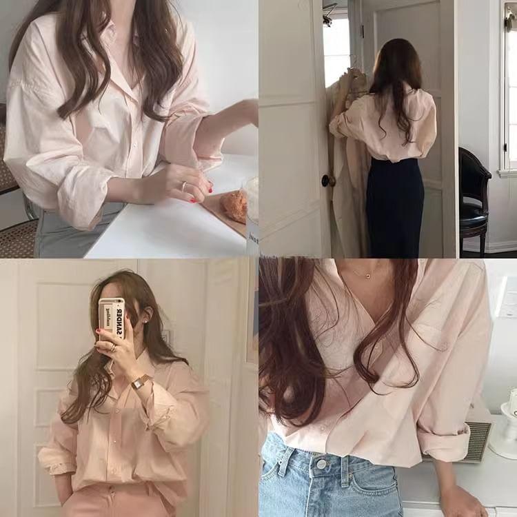 Long-Sleeve Plain Button-Up Shirt Product Image