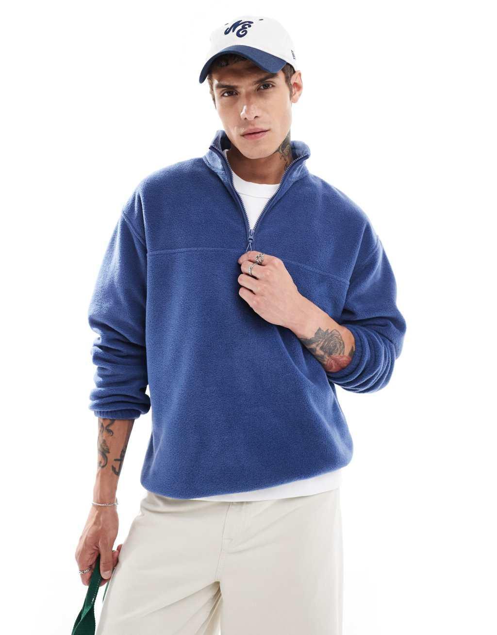 ASOS DESIGN oversized half zip fleece sweatshirt in dark blue Product Image