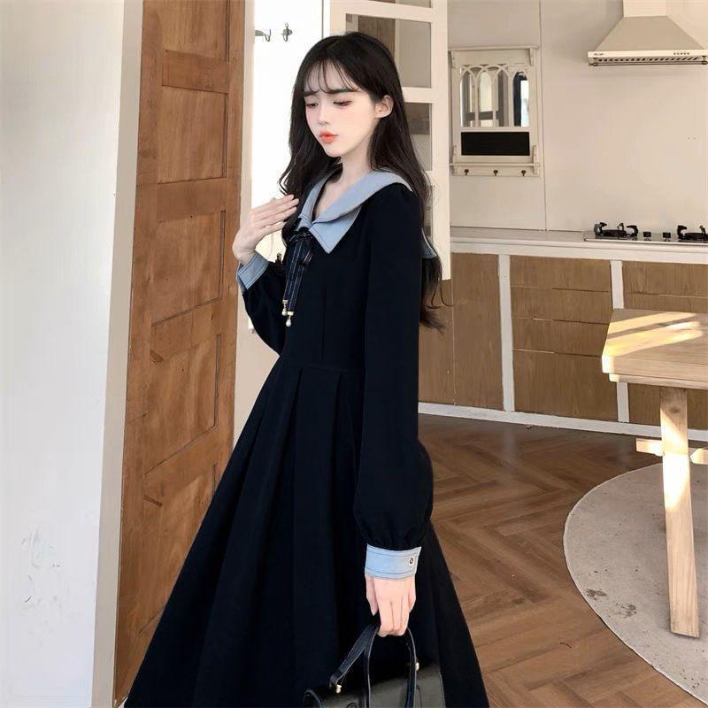 Long-Sleeve Collar Two Tone Bow Midi A-Line Dress Product Image