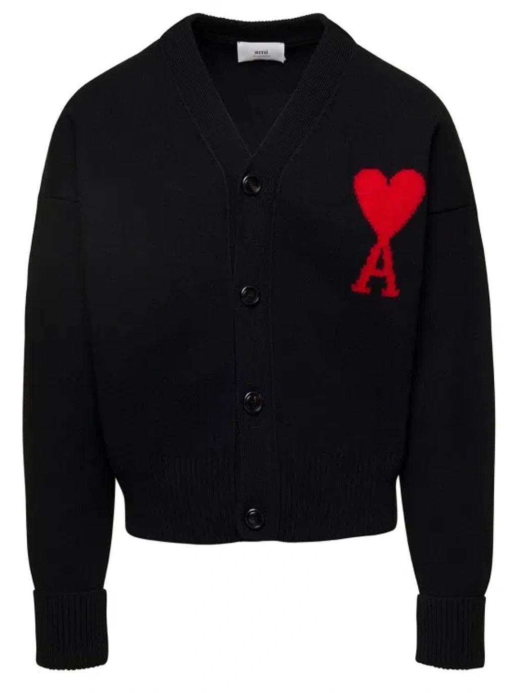 Black V-neck Cardigan In Wool Product Image