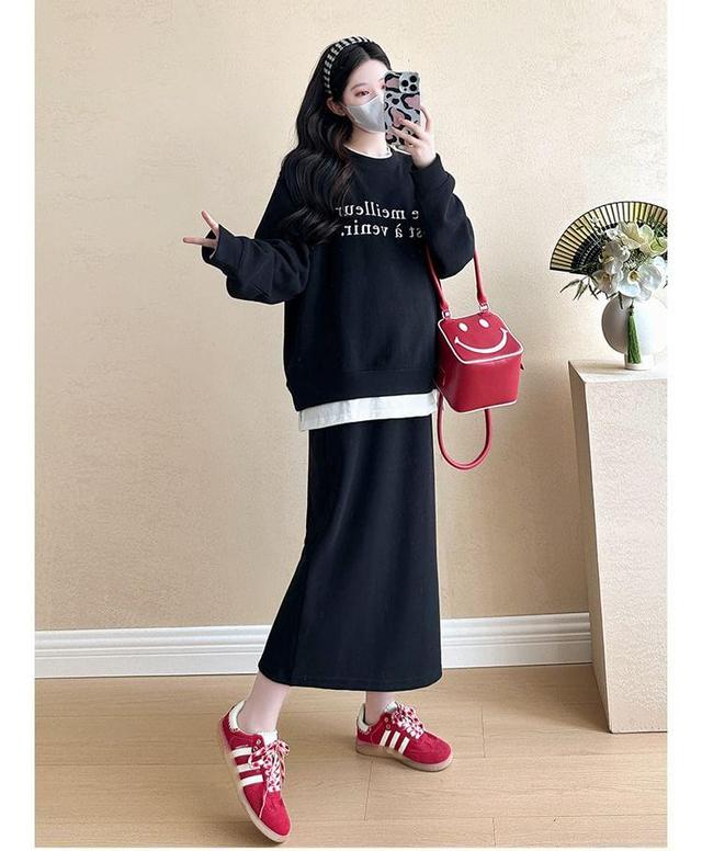 Maternity Set: Crew Neck Lettering Print Pullover + High Rise Plain Midi Straight Skirt Product Image