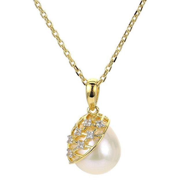 PearLustre by Imperial 14k Gold Over Silver Freshwater Cultured Pearl & Lab-Created White Sapphire Lattice Pendant Necklace, Womens 14k Gold Plated Product Image