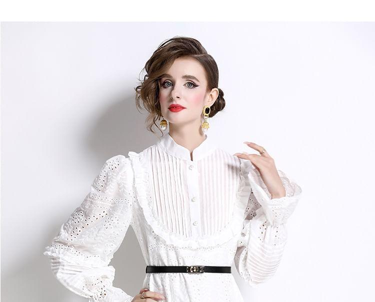 Long Sleeve Stand Collar Plain Embroidered Eyelet Ruffle Button Midi A-Line Dress Product Image