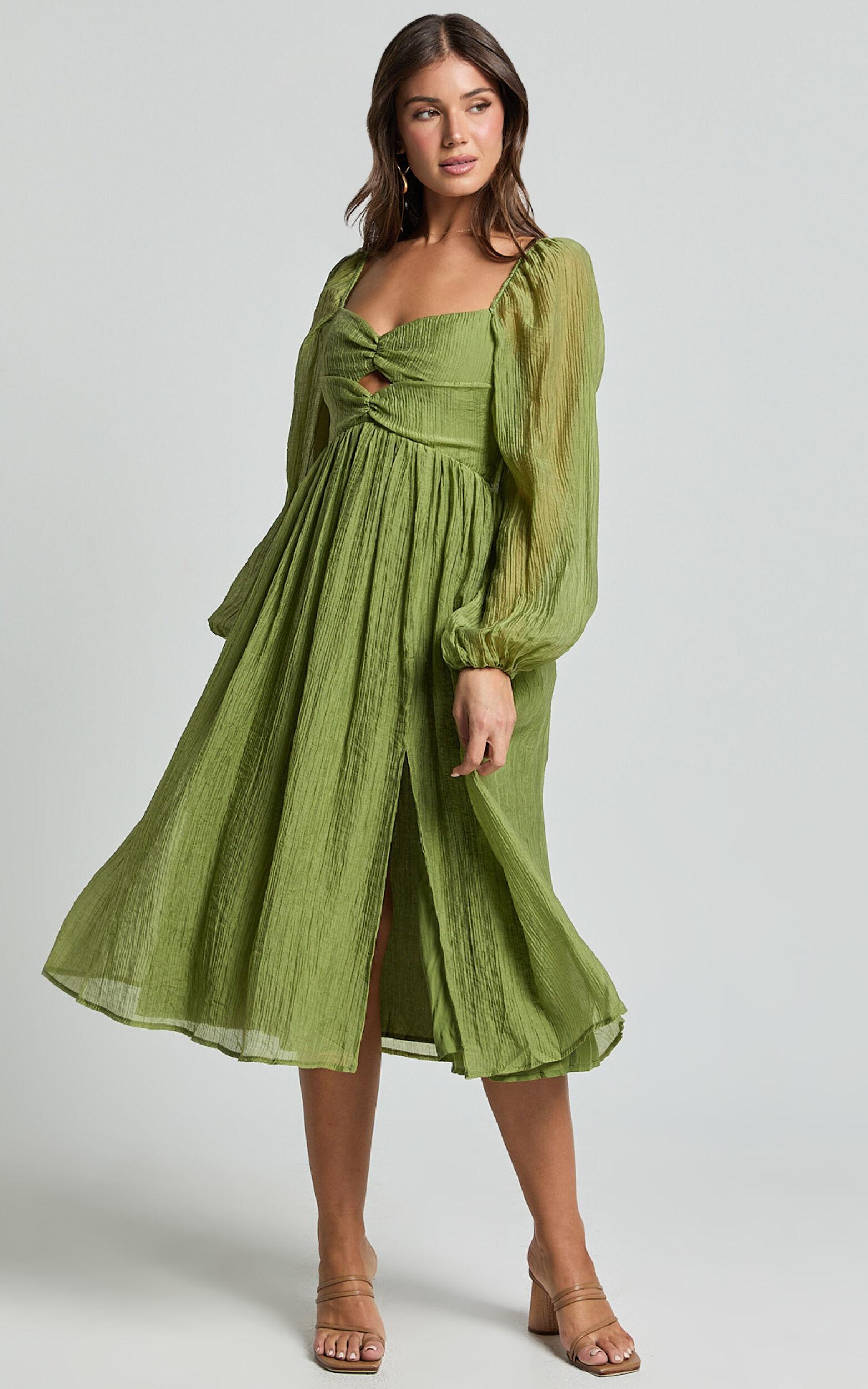 Zahara Midi Dress - Blouson Sleeve Cut Out Dress in Green Product Image