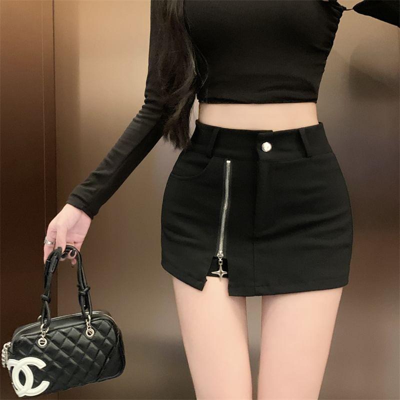 High Waist Plain Zip Slit Mini Skort Product Image