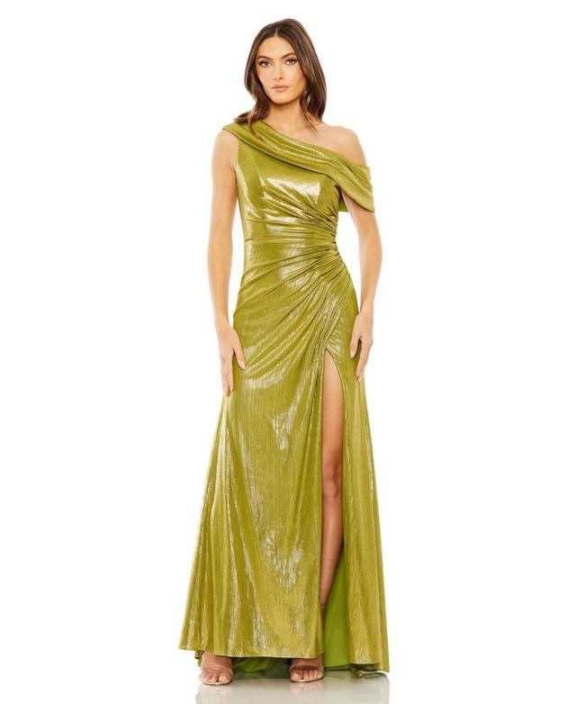 Mac Duggal Womens Ieena One Shoulder Ruched Waist Slit Metallic Gown Product Image