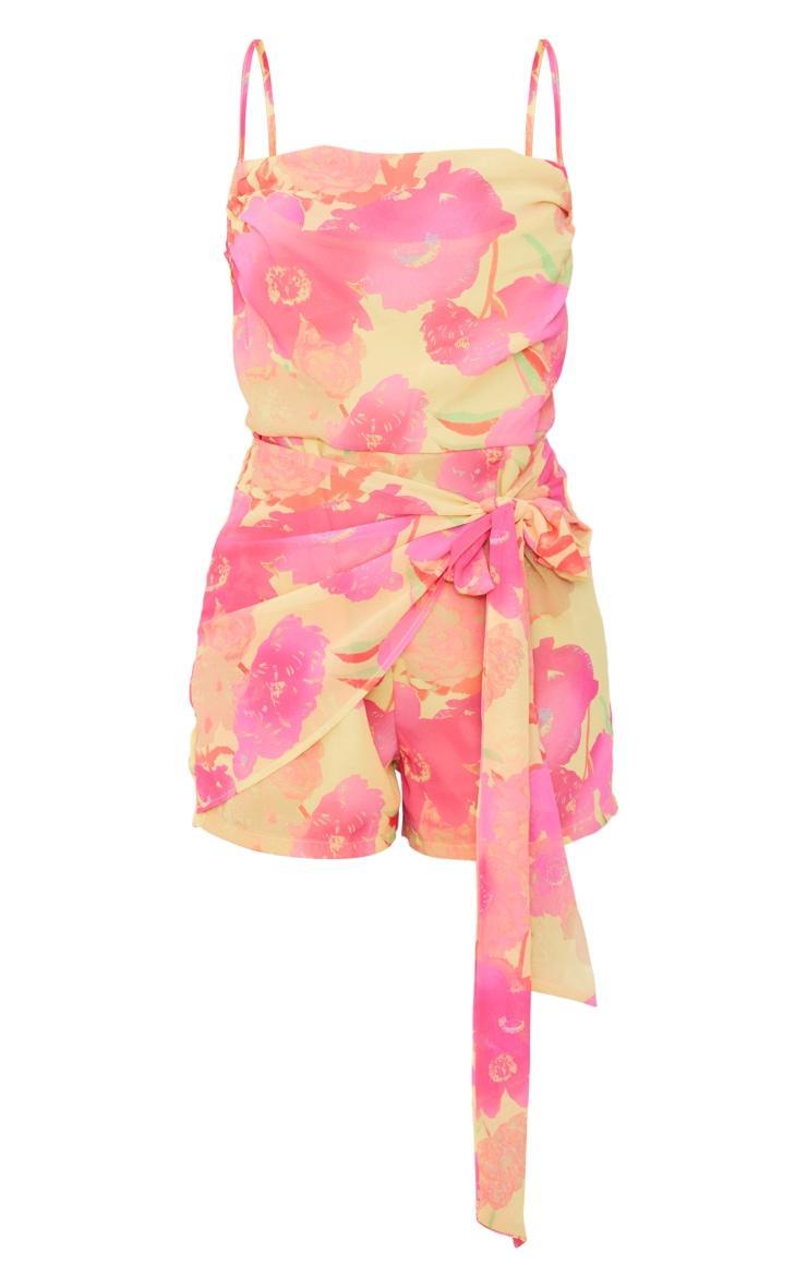 Pink Floral Print Chiffon Drape Tie Detail Strappy Romper Product Image